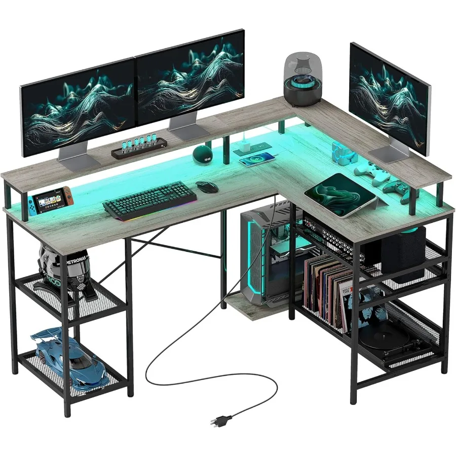 مكتب على شكل حرف L مع أضواء LED ومنافذ طاقة 59 مكتب ألعاب مع حامل شاشة وأرفف تخزين للمنزل والمكتب والمنتجعات الصحية الصغيرة