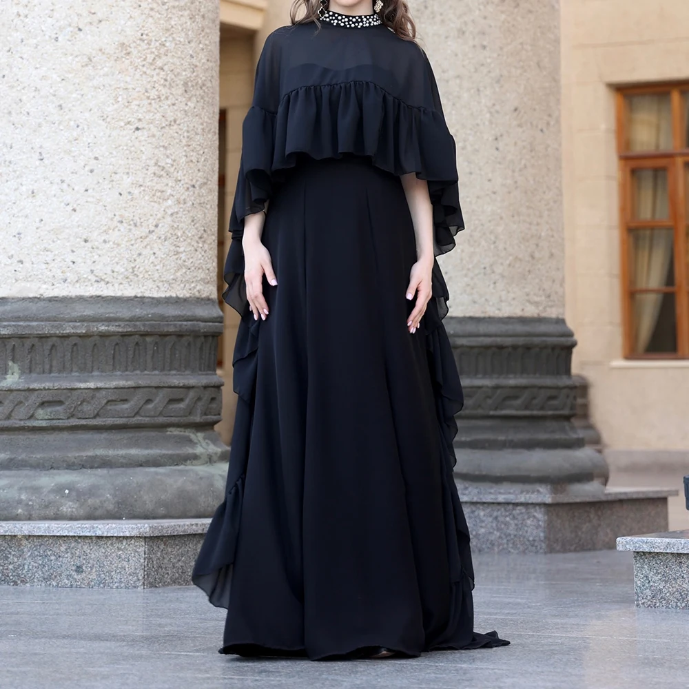 

Customized A-line Evening Dresses Floor-length High-neck Sleeveless Prom Gown Fashion Beading Simple Stole Draped Party Gown
