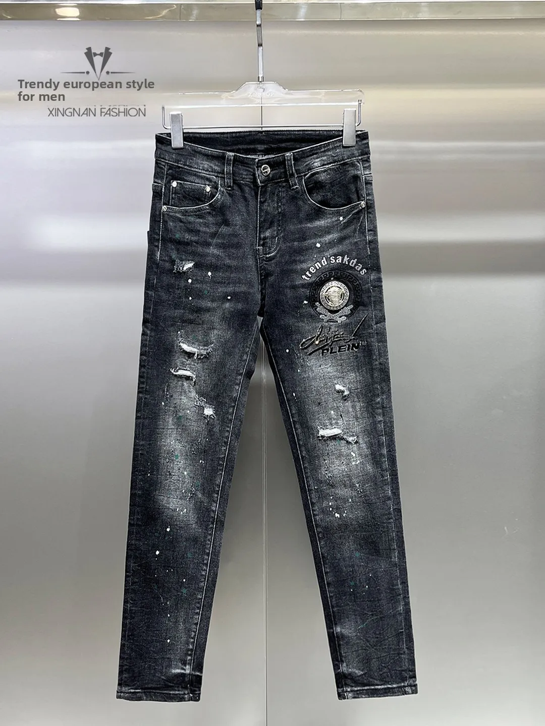 

Trendy Men's Ripped Denim Jeans Casual Faion Baes Slim Fit Long Pants Autumn Winter Water Waed Cotton Polyester Elastic...