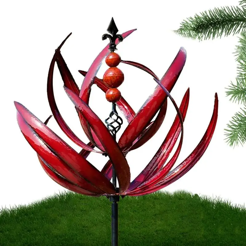 Metal Wind Spinners Red Iron Lawn Terrace Windmill 360 Degree Lotus Stakes For Garden Yard Sidewalks Pond Ornament