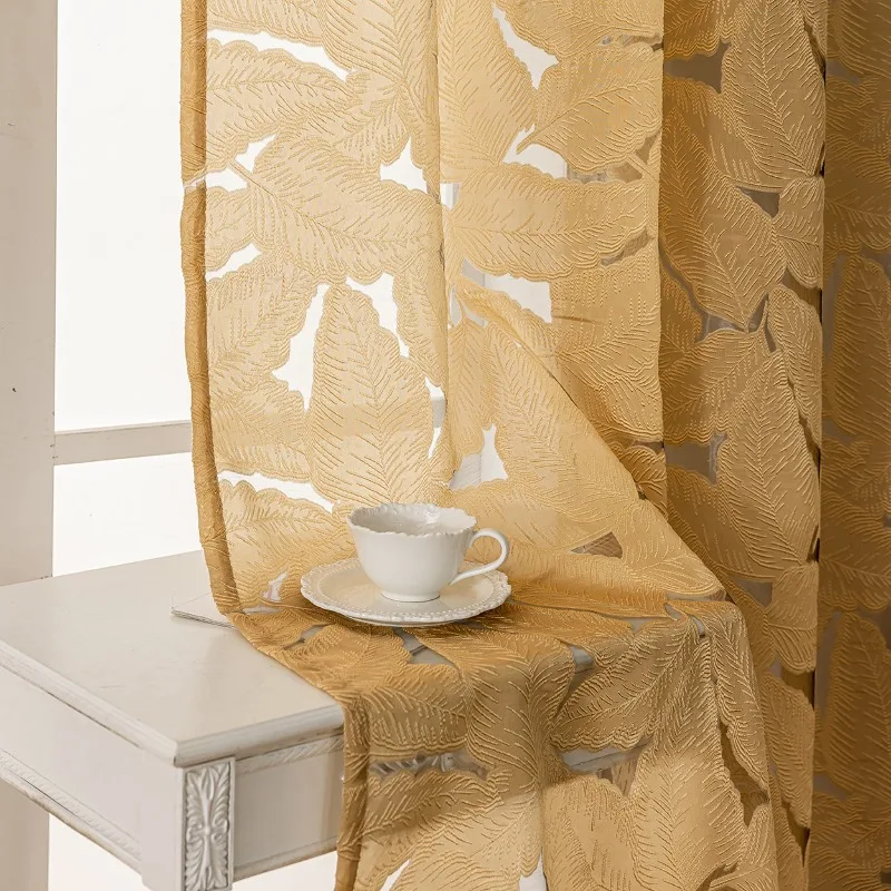 European Coffee Colored Transparent Hollow Leaf Window Screen Tulle Curtains for Living Dining Room Bedroom Custom Size Luxury