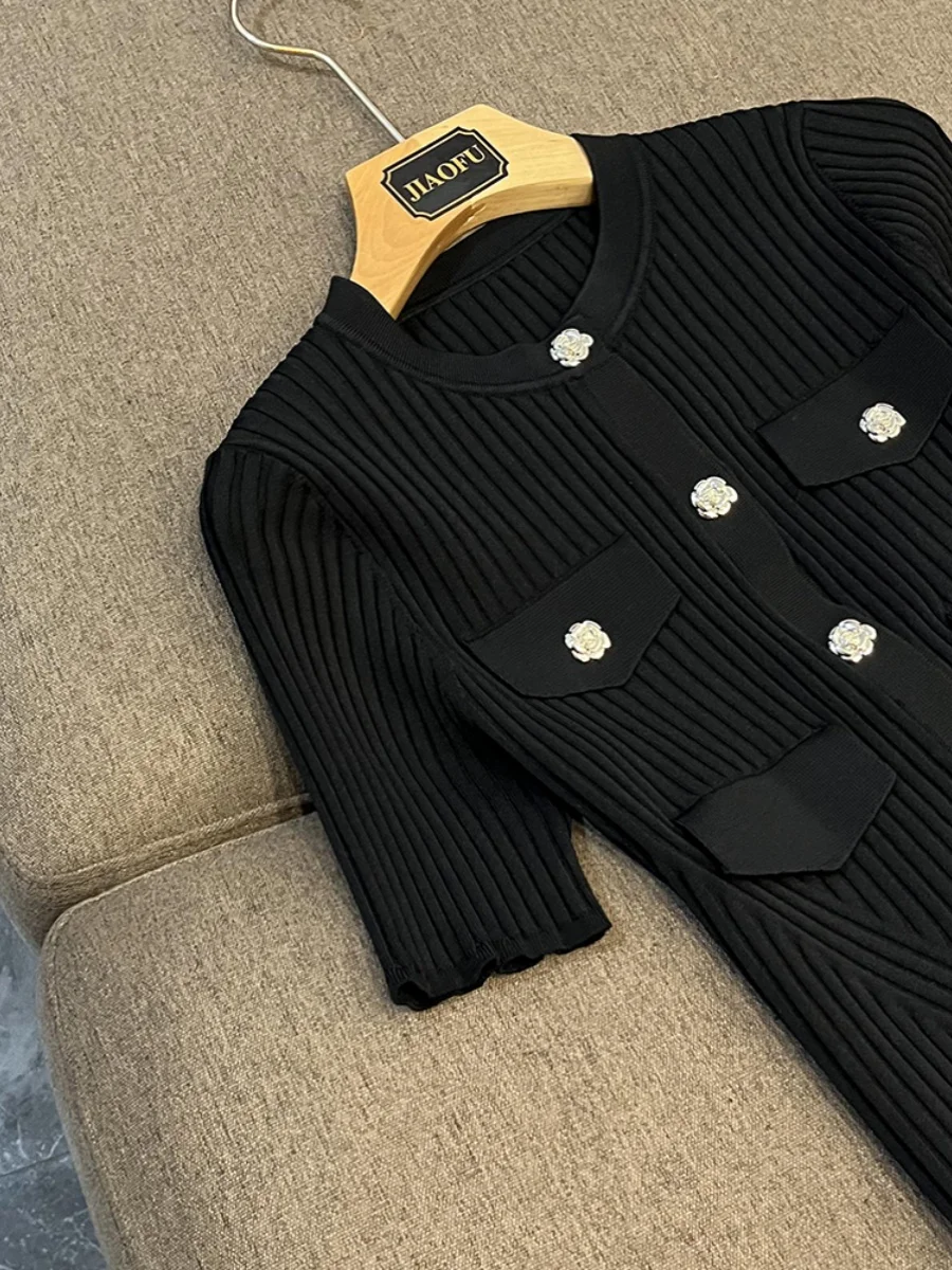 

High Waist Knitted ort Sve round Ne Floral Chain Design F209603Z Women's Commute Sle Blend Fiber Top And Skirt Set