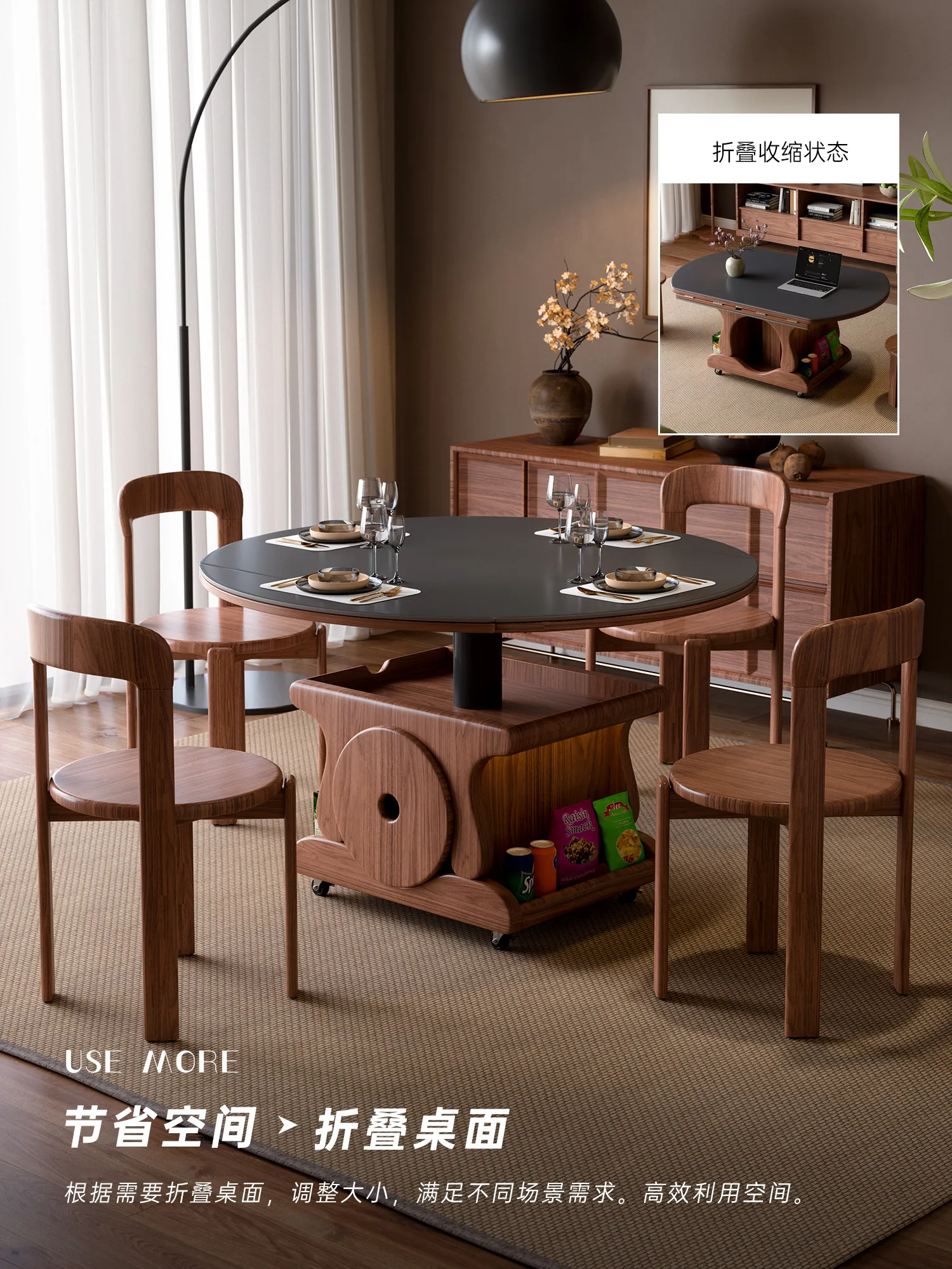 Small apartment folding round coffee table solid wood lifting coffee table two-in-one movable household multi-functional