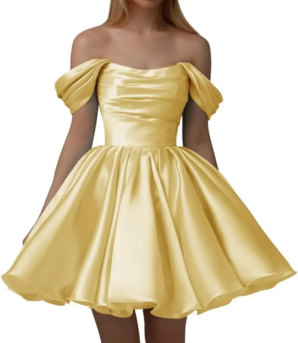 

Блестящие атласные платья для встречи выпускников с открытыми плечами, платья для выпускного вечера 2025 года, короткие коктейльные платья с оборками выше колена, мини