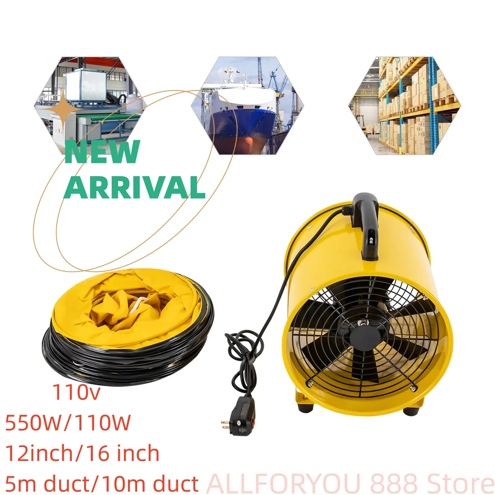 

12/16inch Utility Blower Fan With 5m/10m PVC Ducting Ventilation Equipment 520W/1100W