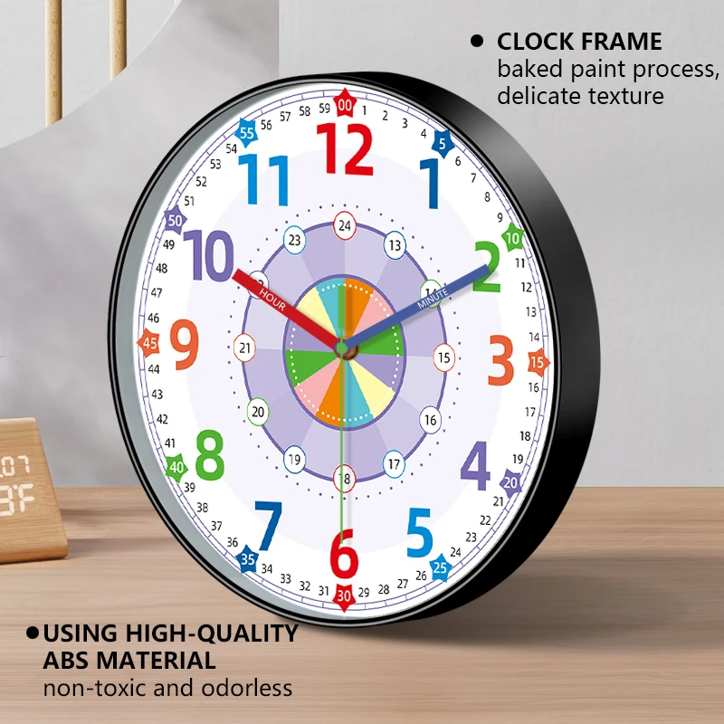 Kids Educational Wall Clock Colorful Rainbow Dial Dual 12/24H Time Markings Learn Time Easily Art Decor for Classroom Bedroom