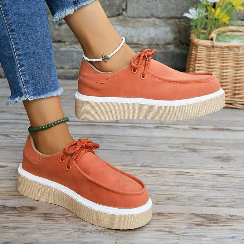 Sepatu kets Suede wanita, sepatu Platform ujung bulat, sepatu Sneakers bertali, datar, musim semi, luar ruangan, lari, kasual, divulkanisir