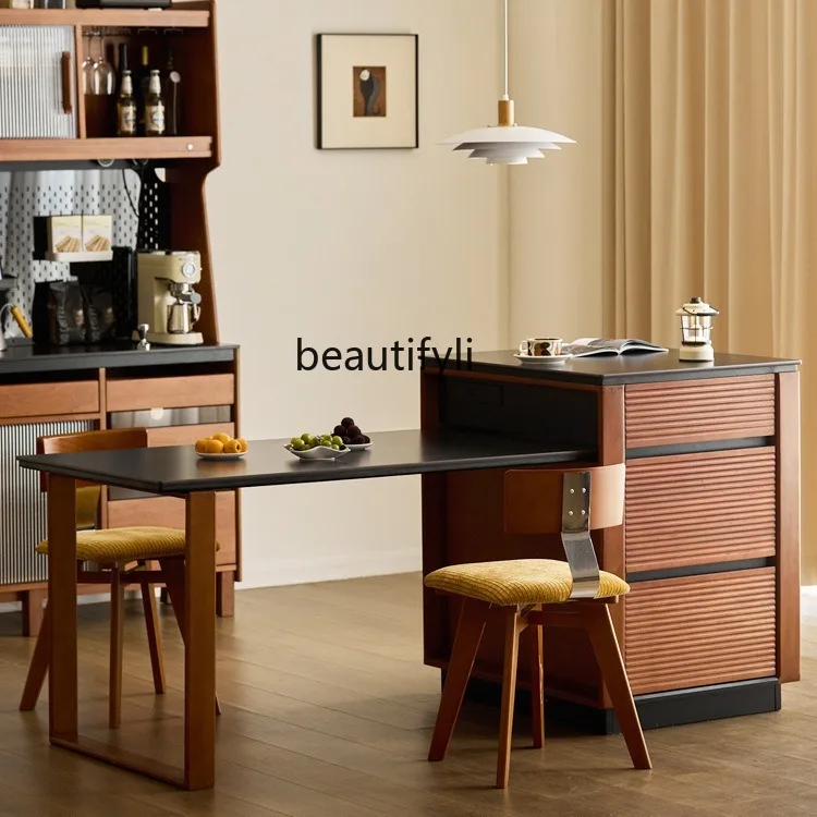 

Vintage Island Dining Table Integrated Solid Wood Rock Board Bar Cabinet Extendable Small Apartment Storage Cabinet