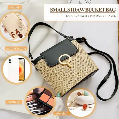 महिलाओं के लिए छोटे स्ट्रॉ बकेट बैग, ग्रीष्मकालीन क्रॉसबॉडी बैग, महिला यात्रा पर्स और हैंडबैग, महिलाओं के लिए कंधे पर लटकाने वाला साधारण बैग, काला 10 best sales छोटा काला बैग - №5