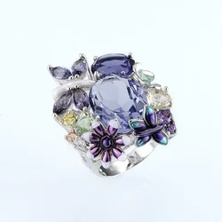 Fashion Silver Elegant Butterfly Flower Rings for Women Handmade Enamel Crystal Luxury Wedding Banquet Finger Ring Jewelry