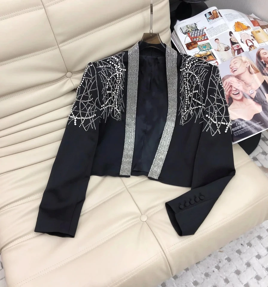 

2024 new women fashion high quality long sleeve V-neck rhinestone fashion small coat