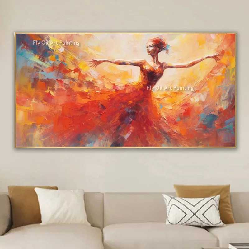 Abstract Handpainted Large Orange Red Beeautiful Women Dancing Oil Painting On Canvas Blue Red Girls Knife Thick Wall Art Decor