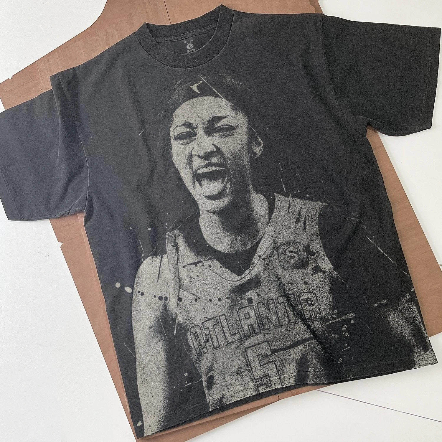 Angel Reese Handmade Bleached T-Shirt: Faded Black Cotton Spray Art Unisex Tee Darunee