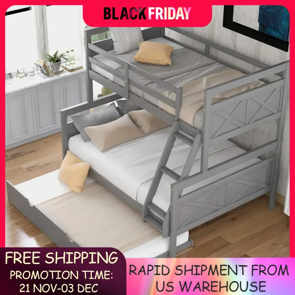 Trundle Bunk Bed, Twin Over Full Wood Bunk Bed with Twin Size Trundle, Solid Wood Bunk Bed Frame with Guardrail and Ladder