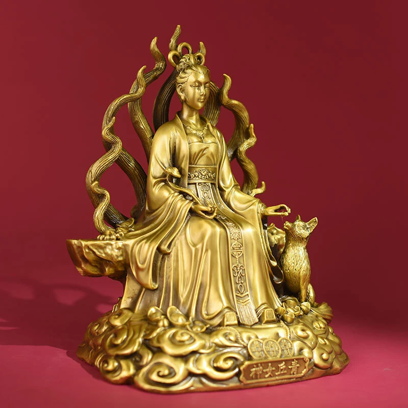 Brass Qingqiu -Tailed Spirit Fox Lady Statue Desktop Ornament, Nine-Goddess Household Worship Decoration