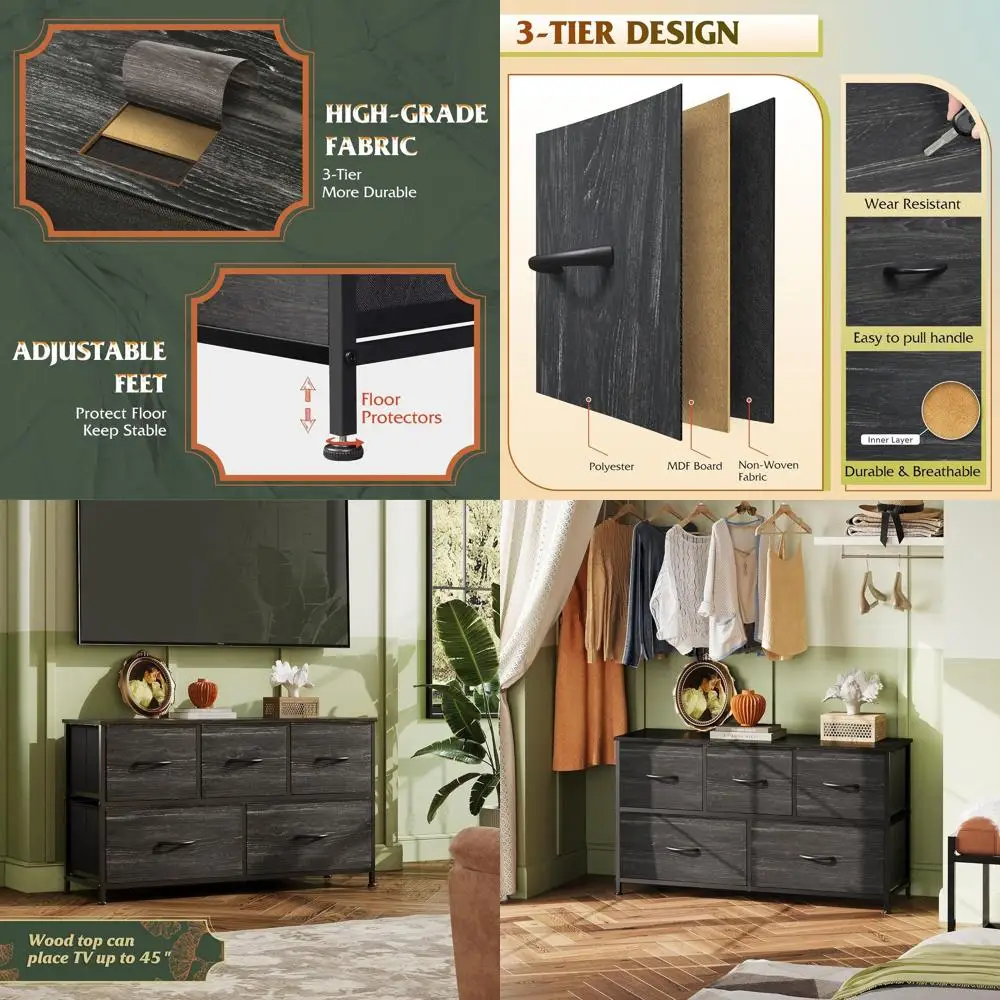 

Шкаф для хранения вещей в спальне с 5 тканевыми ящиками, широкий комод для одежды, тканевые контейнеры, органайзер, идеально подходит для гардеробной, гостиной