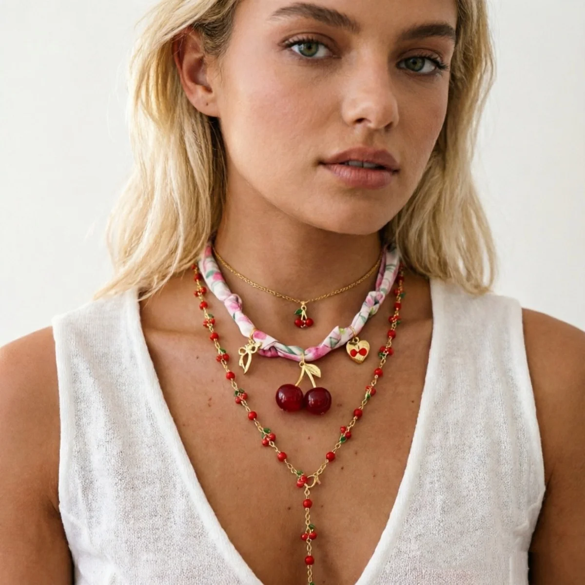 Mehrschichtiger roter Kirschherz-Schal, Y-förmige lange Halskette für Damen und Herren, süße Erdbeerblume, künstliche Perlen-Choker-Schmuckstücke – Detail 14