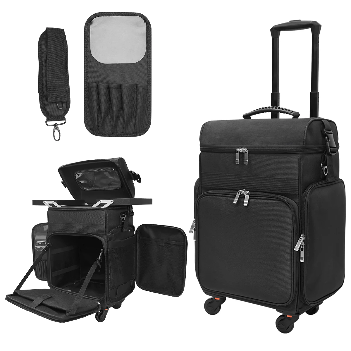 Professional Makeup Artist Toolbox Large Capacity Cosmetic Storage Organizer with Adjustable Dividers 360° Rolling Wheels Black
