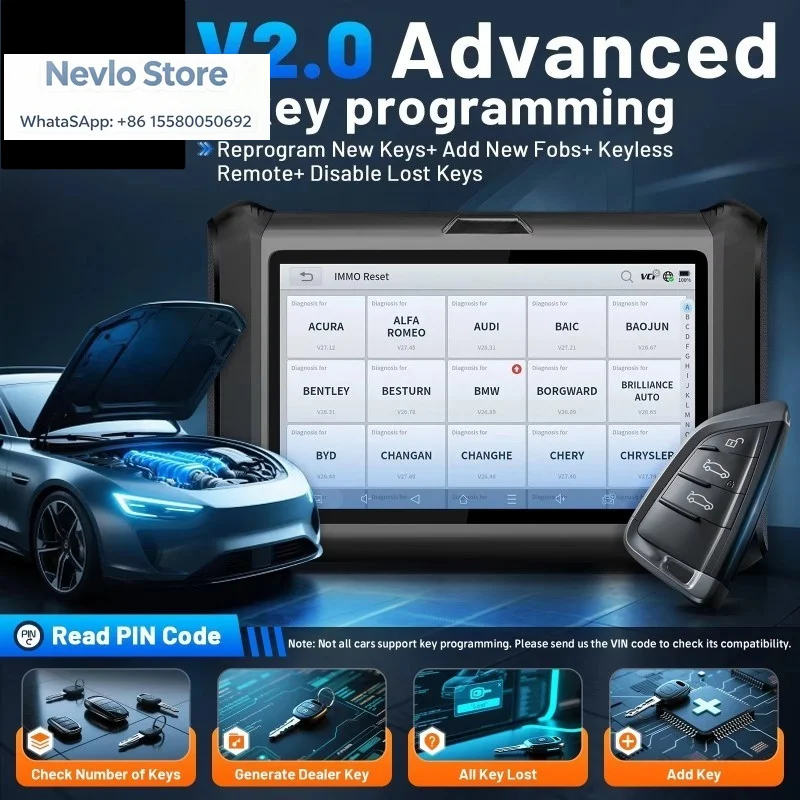 Wireless Car Diagnostic Scan Tool, Bi-Directional Control, Vehicle IMMO Key Programmer for All Keys Lost Function