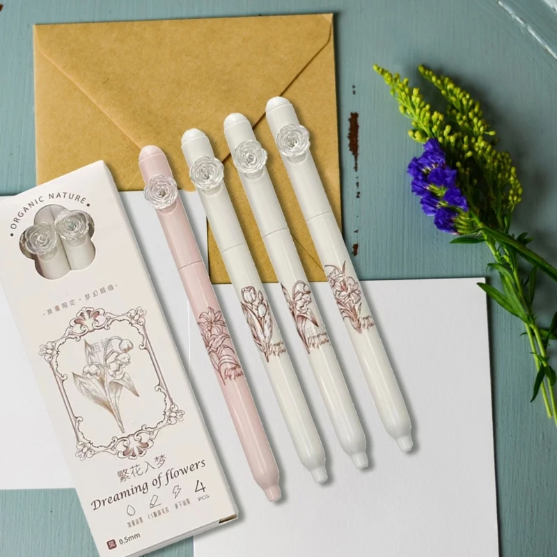 

4Pcs Butterfly Flower Gel Pen 0.5MM Tip Quick Dry Twist Action Gel Pen School Office Supplies for Writing Journaling 896C