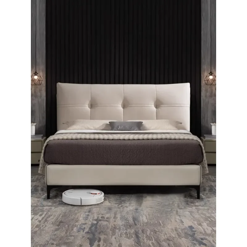 for Beige Leather Bed Frame Solid Wood Double Bed Modern Master Bedroom Wedding Bed with Mousse Cushion Art Design Large Size