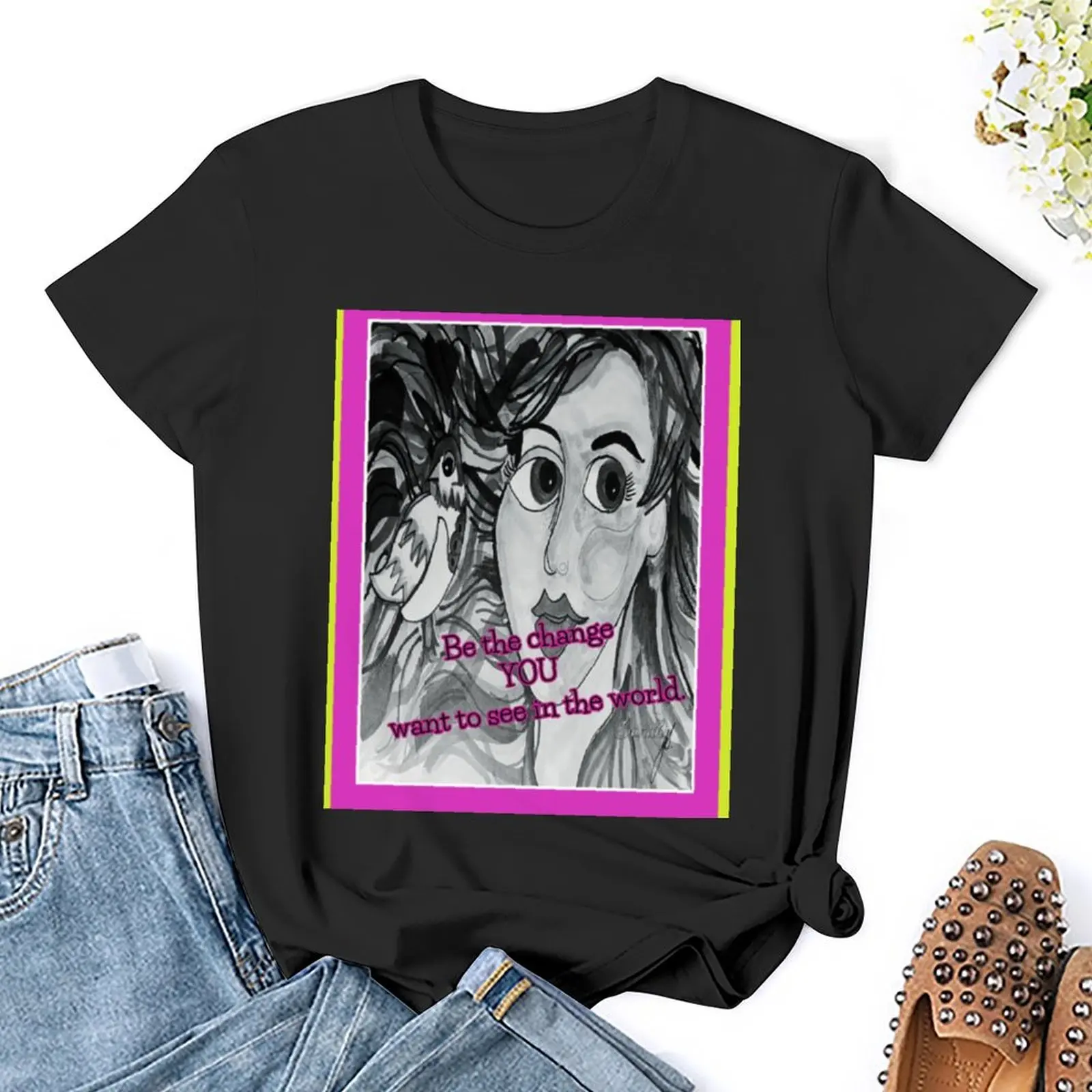 Drawing of a face. Who's face. Be the change you want to see in the world,Gandhi. My Drawing T-Shirt female tops Womens clothing