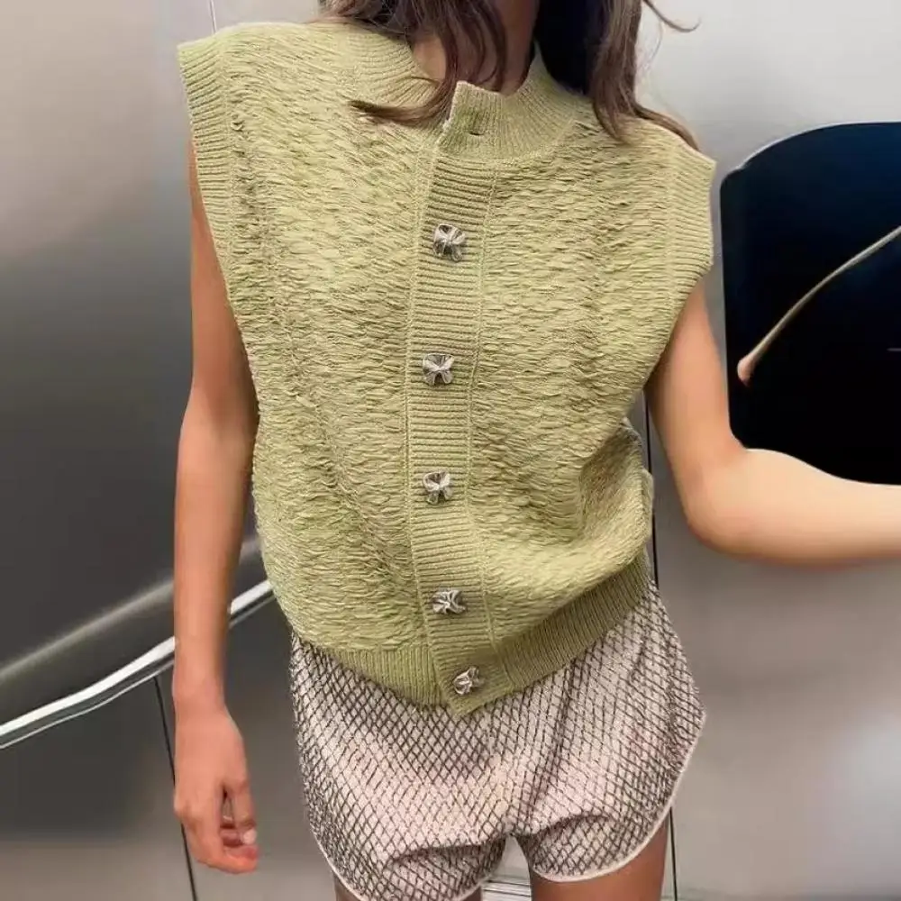 

Women Knitted Sweater Green Cardigan Waistcoat Fashion Sleeveless V-Neck Knit Sweater for Woman Vest Korean Jumper Vintage Cloth