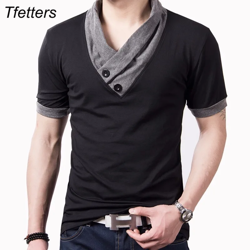 TFETTERS 2024 Fashion Summer Men\'s T-shirt Slim Fit V-neck Short Sleeve Cotton Gray T Shirt for Man Plus Size Tops