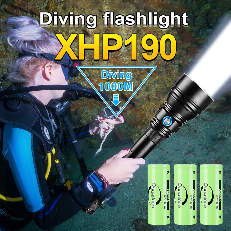 

Dive 1000m XHP190 Professional Diving Flashlight Rechargeable Diving Torch Underwater Lantern IPX8 Super Waterproof Lamp