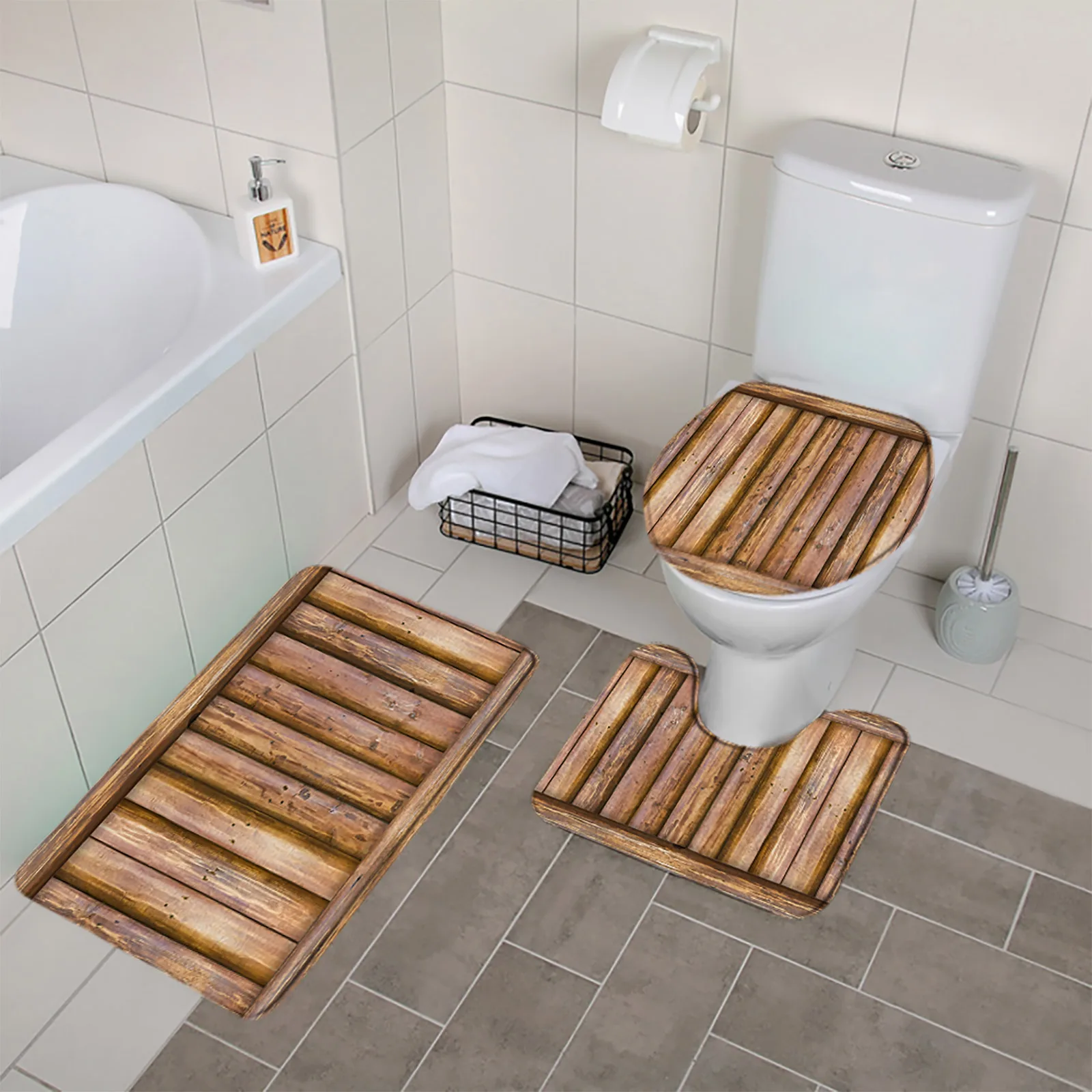 Bamboo 3pcs Bathroom Mat Sets Rural Barn Door Wood Grain Vintage Shower Rugs Carpet Toilet Lid Cover Anti Slip Bathroom Decor