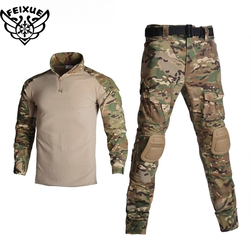 

Plus-size Outdoor Uniform Paintball Men Clothing Tactical Combat Shirts Camo Cargo Pants +Knee Pads Suits Hunting Clothes