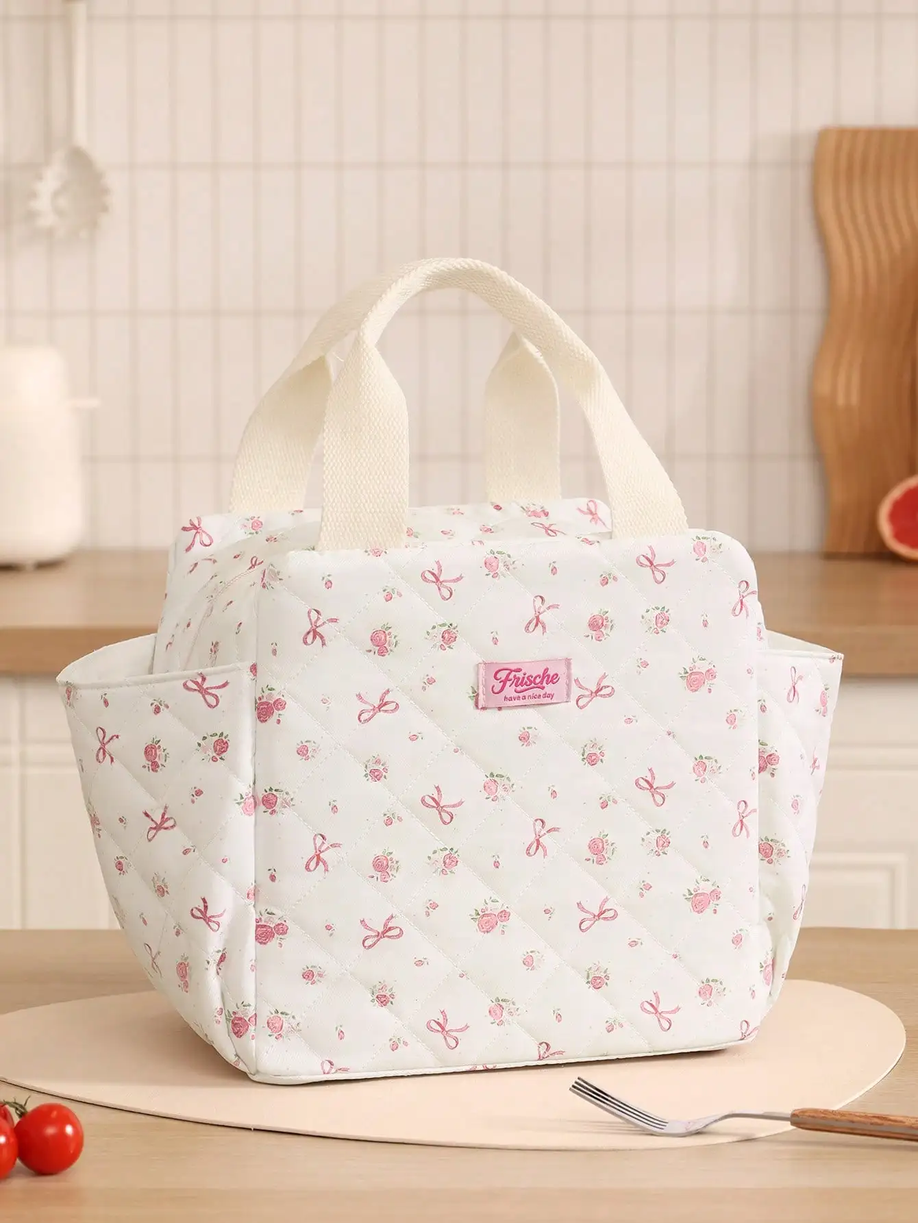 Cute Bow Print Soft Fluffy Lunch Tote Bag, Polka Dot Reusable Insulated Lunch Box, Large Capacity Portable Bento Bag For Work, Office And School Use