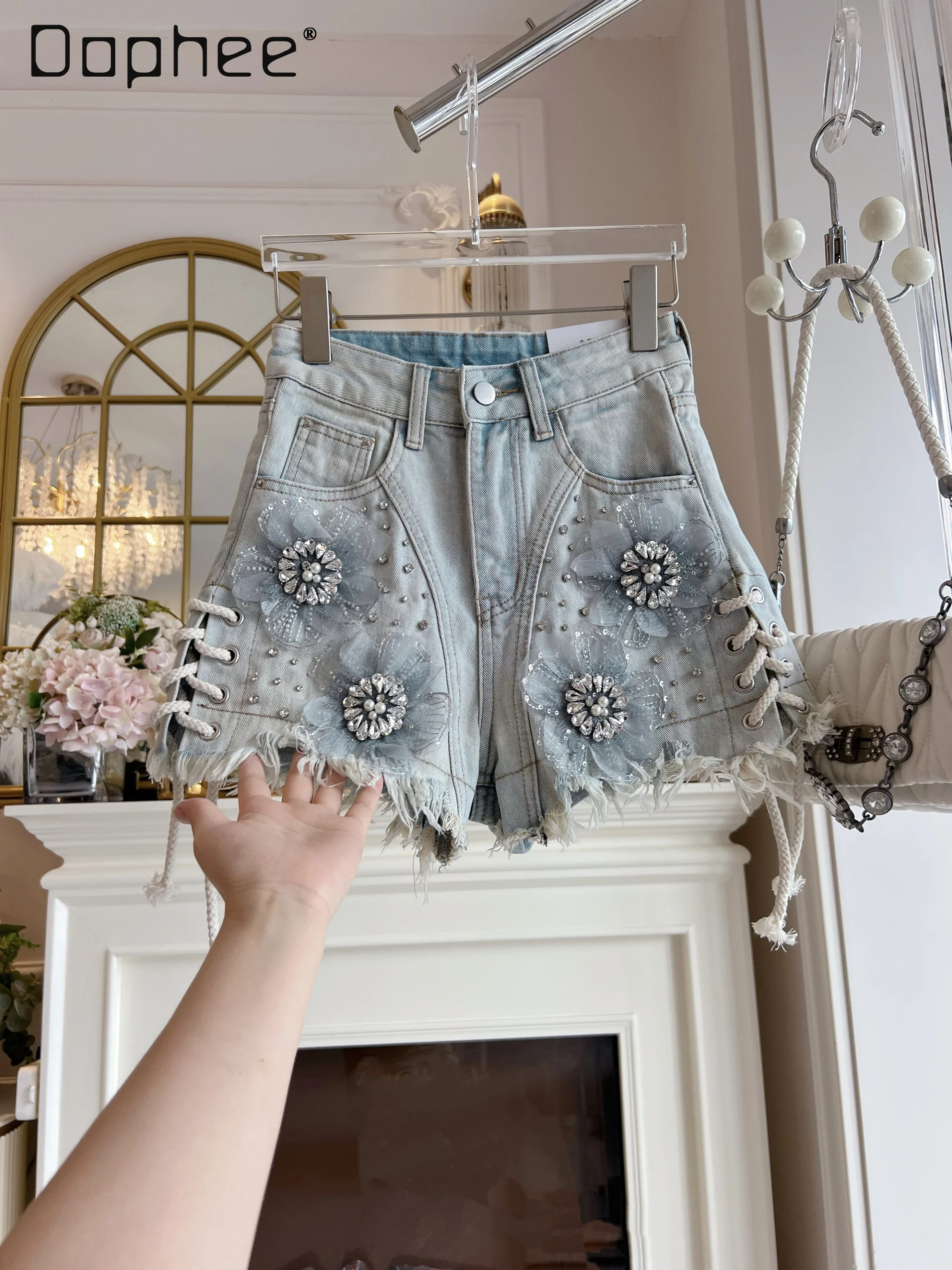 Retro Strap Denim Shorts Women Summer New Heavy Industry Diamond-encrusted High-waisted Slim Wide-leg Pants Fashion Sexy Jeans