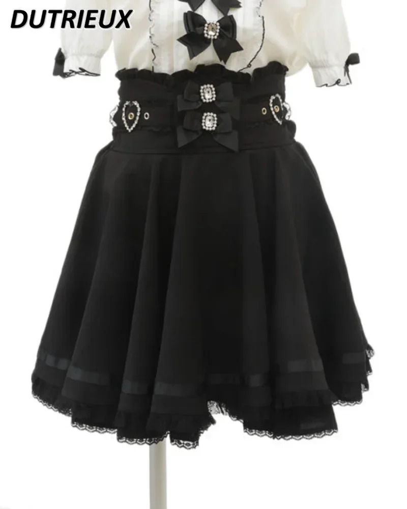 Japanese Mine Black Skirt for Women Faldas Sweet Lolita Tops Spring Autumn Ribbon Bow Diamond Pearl Buckle Plaid Skirts Suit