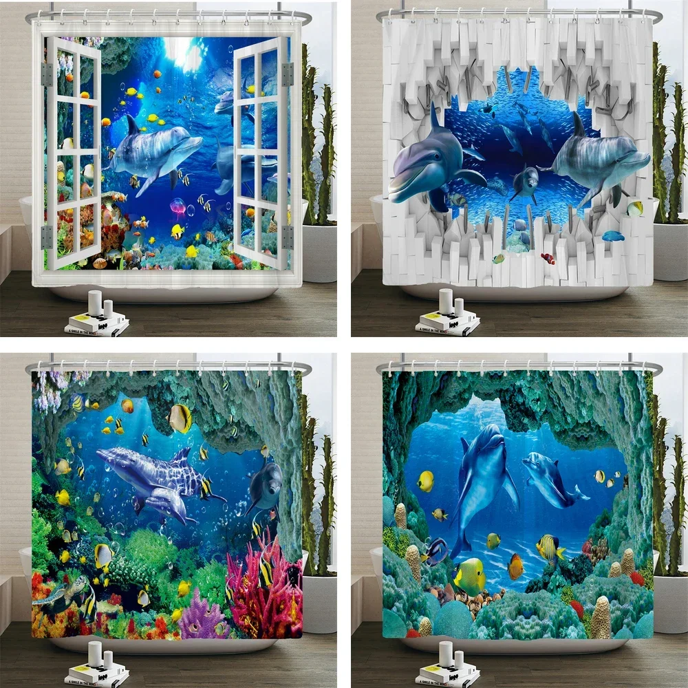 3d Bathroom Curtains Ocean Fish Jellyfish Shell Starfish Dolphin Anchor Shower Curtain Waterproof Fabric Cartoon Boy Bath Screen