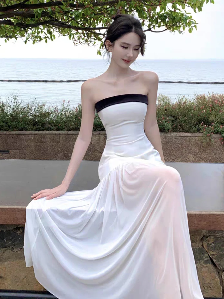 RORIRI Desire Sheer Mesh Stitch Corset Jurk Vrouwen Retro Contrast Backless Boog Slanke Bodycon Lange Jurk Vakantie Zomer Kleding