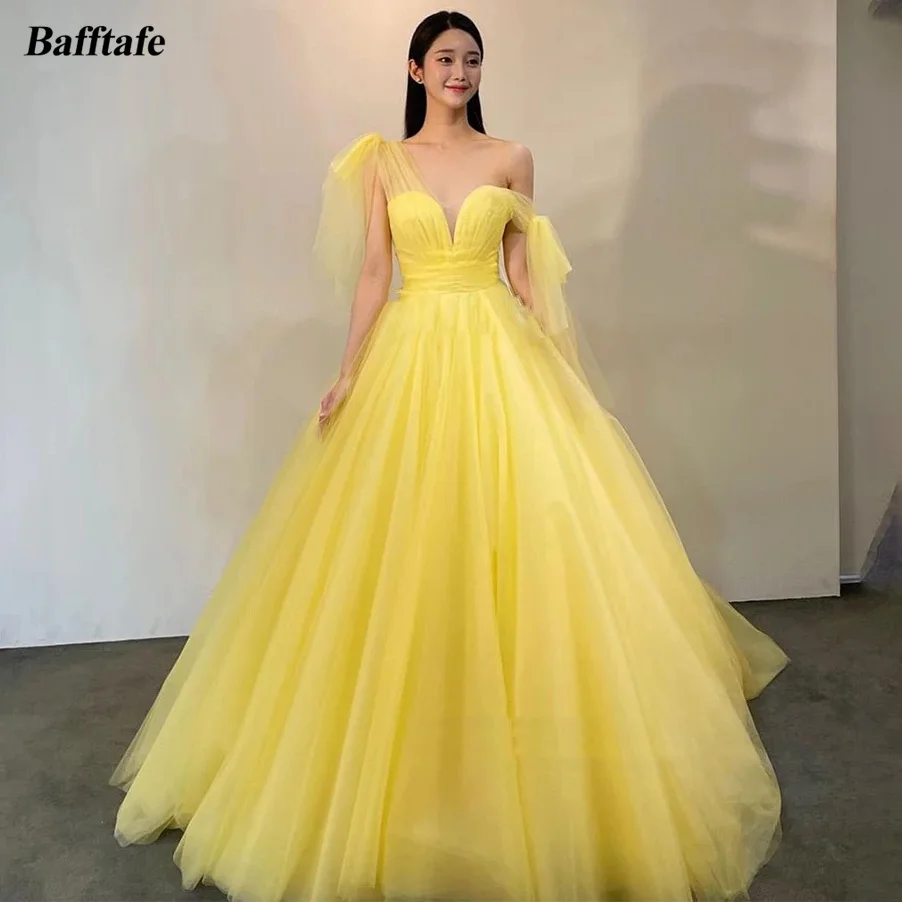 

Bafftafe Fairy Sweetheart Yellow Korea Evening Dresses Off Shoulder Floor Length Bridal Gowns Photo Shoot Corset Prom Dress