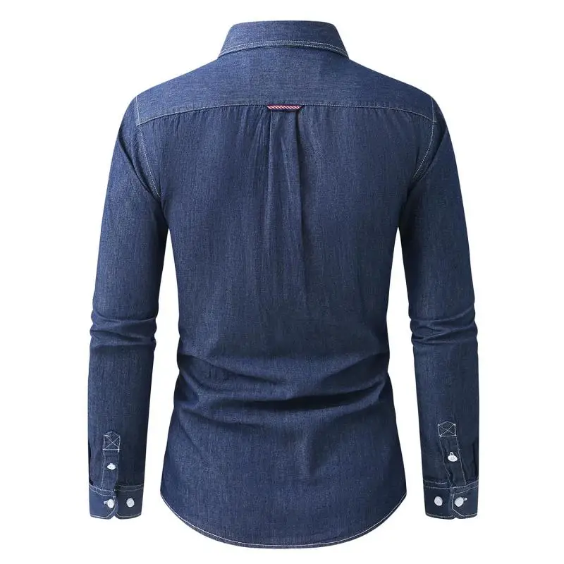Men's Denim Long Sleeve Shirt, Classic Button Down Collar Casual Shirt with Chest Pockets, Vintage Loose Fit Streetwear Top 4XL