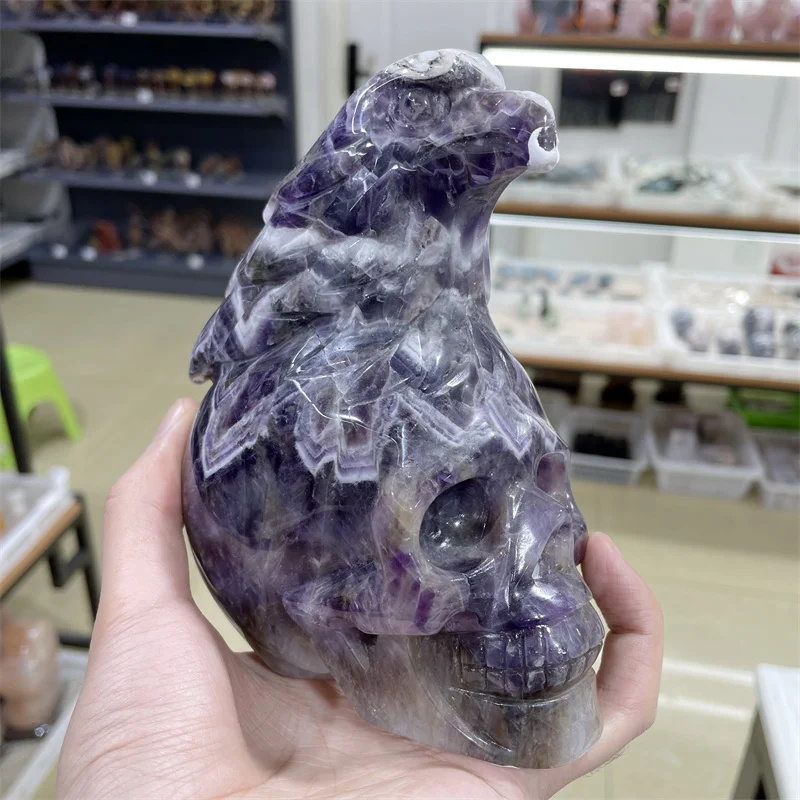 Natural Dream Amethyst Eagle Skull Carved Statue Healing Gem Figurine For Home Decoration Halloween Fashion Gift 1pcs