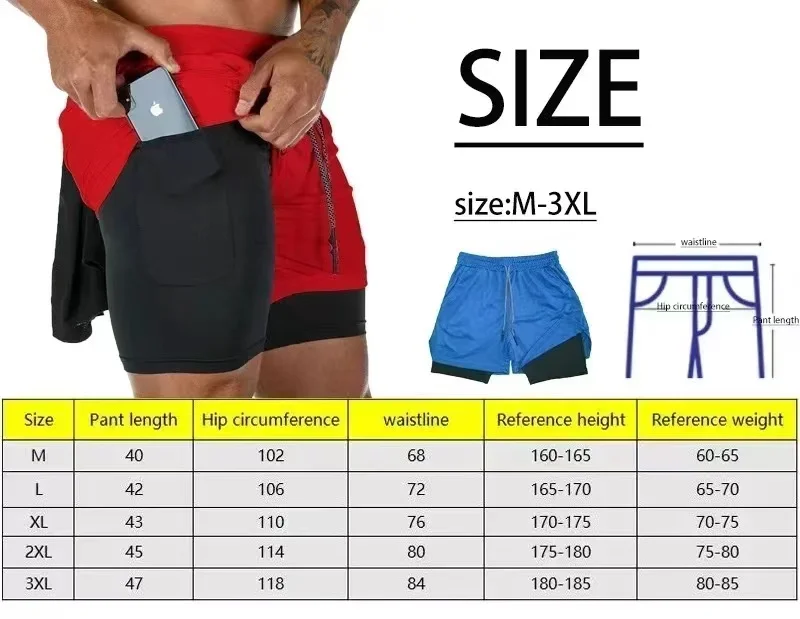 Men\'s double layered fitness shorts quick drying breathable shorts gym training clothes summer