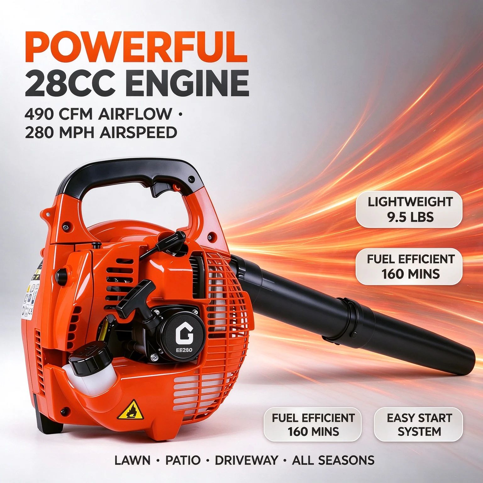 28cc Gas Leaf Blower Handheld Petrol Powered 490 CFM 280 MPH for Lawn Garden Patio Driveway Leaf Debris & Light Snow Clearing