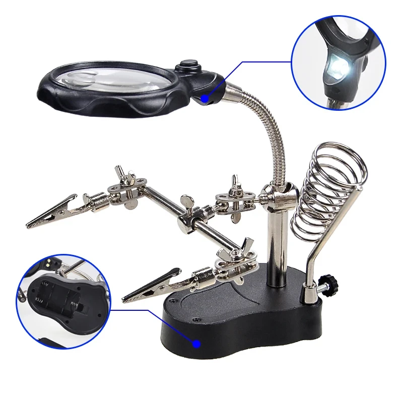 Soldering Iron Station Stand With Welding Magnifying Glass Clip Clamp Third Hand Helping Desktop Magnifier Soldering Repair Tool