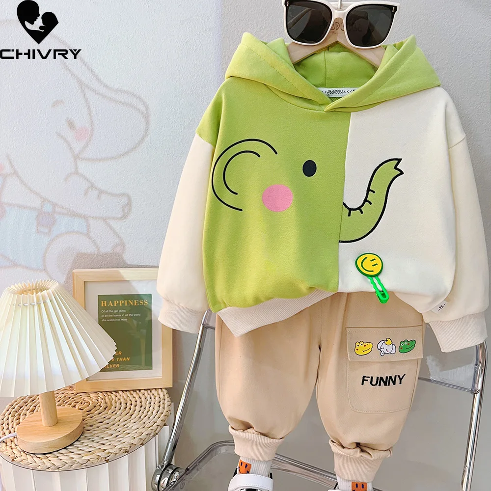 New Baby Boys Spring Autumn Fashion Cartoon Animal Patchwork Hooded Hoodies Sweatshirt with Pants Kids Casual Clothing Sets