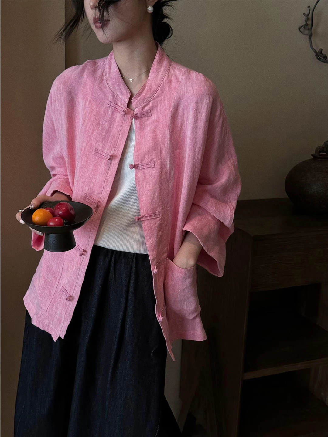 

Elegant Pink Chinese Style Button Outerwear Women's Summer Lazy Commute Versatile Thin Old Money Style Top Loose Fit Long Sleeve