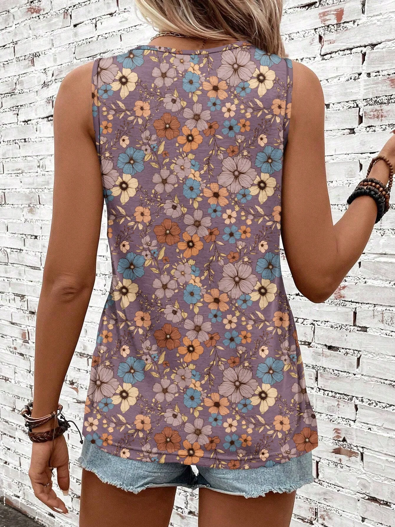 Women's floral print tank top, casual round-neck fashion sleeveless T-shirt