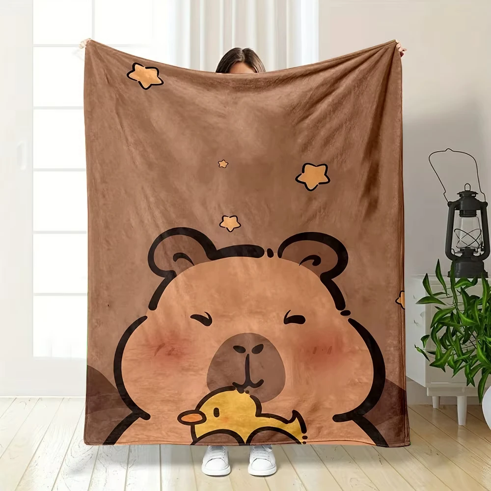 Cartoon Capybara Duck Print Flannel Blanket - All-Season Home Office Cozy Throw