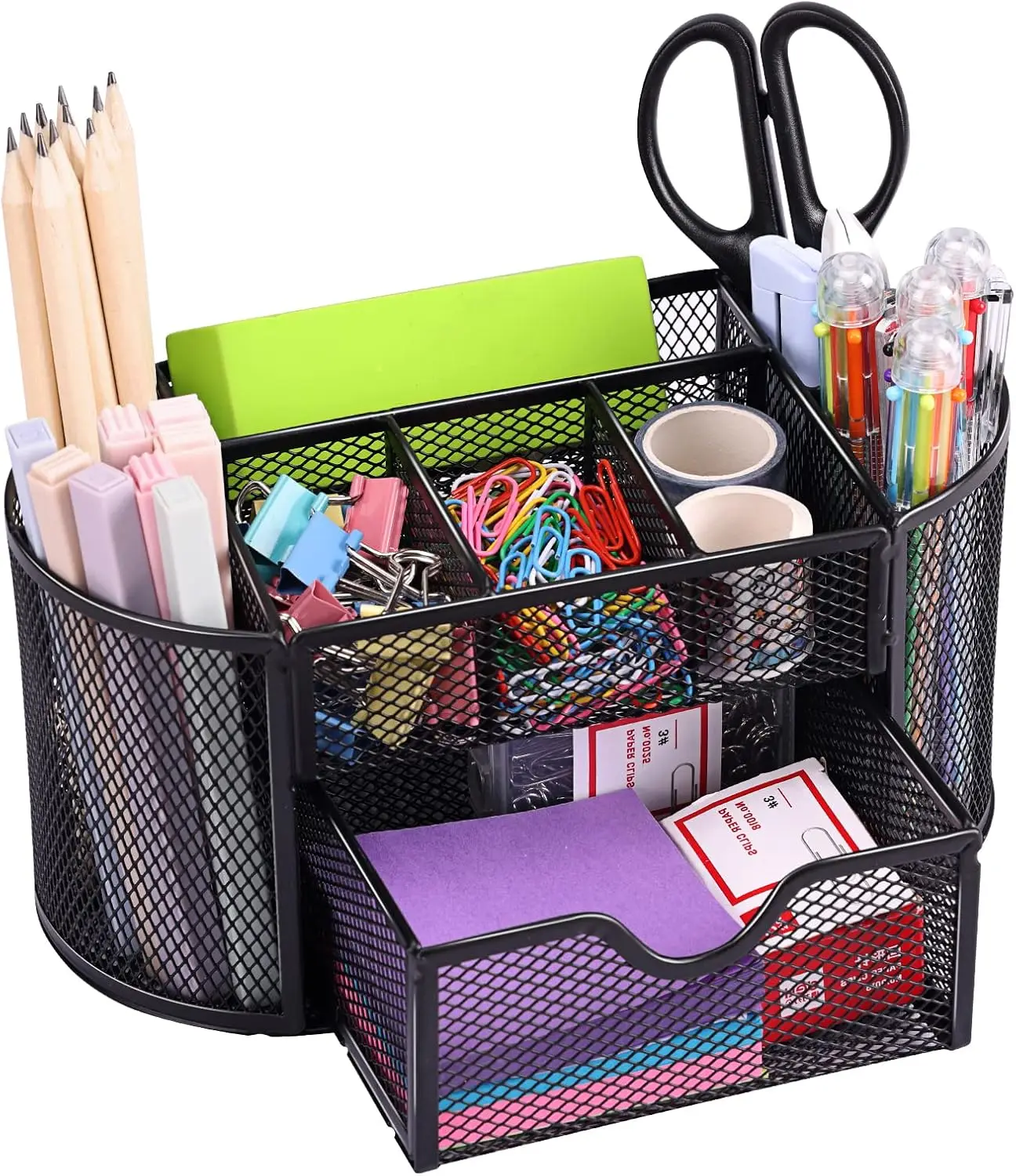 

8-Compartment Mesh Desk Organizer with Drawer, Pencil Holder for Office Supplies