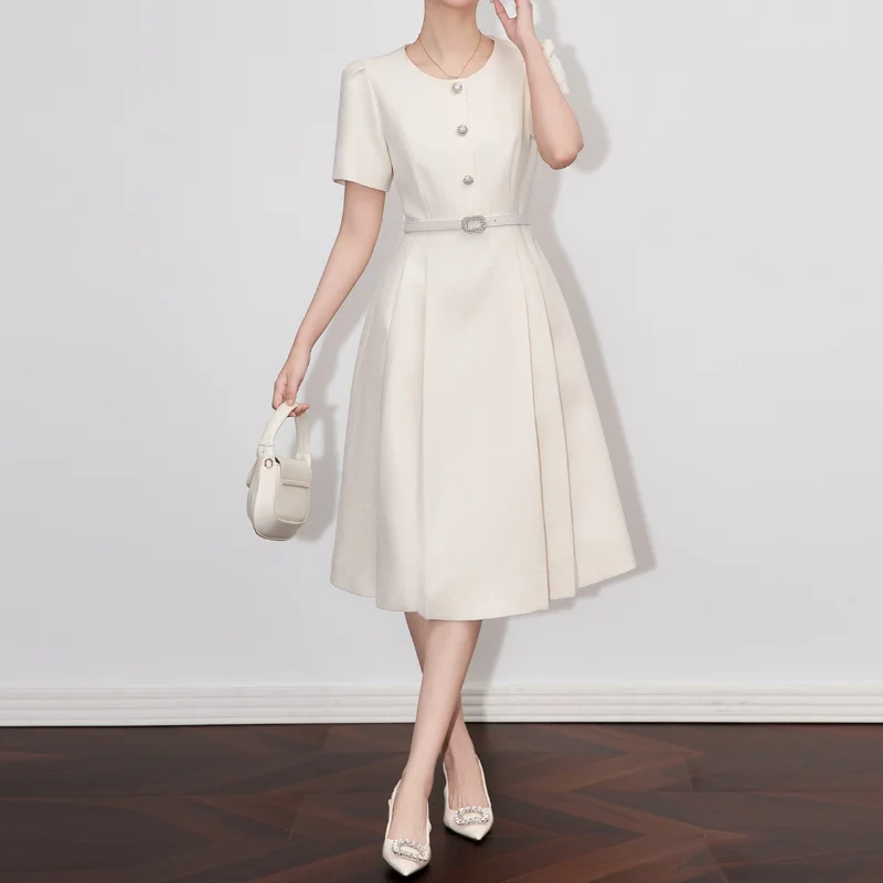 Women Small Fragrant Round Neck Drill Buckle Elegant A-Line Dress Fashion Simple Waist Vintage Sweet Office Lady Pink Dress