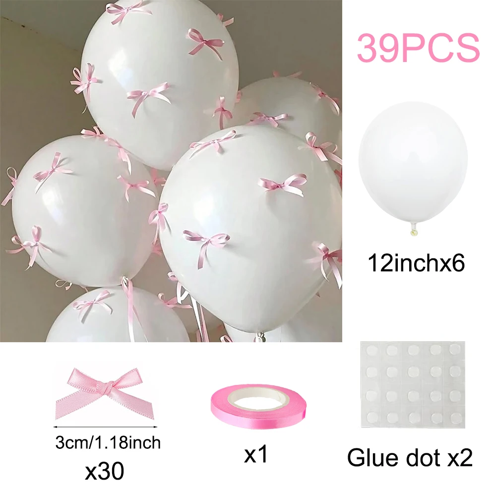 مجموعة بالونات على شكل فيونكة، بالون أبيض، شريط وردي صغير، زينة لحفلات أعياد الميلاد للفتيات، Globos، استحمام الطفل، دش الزفاف