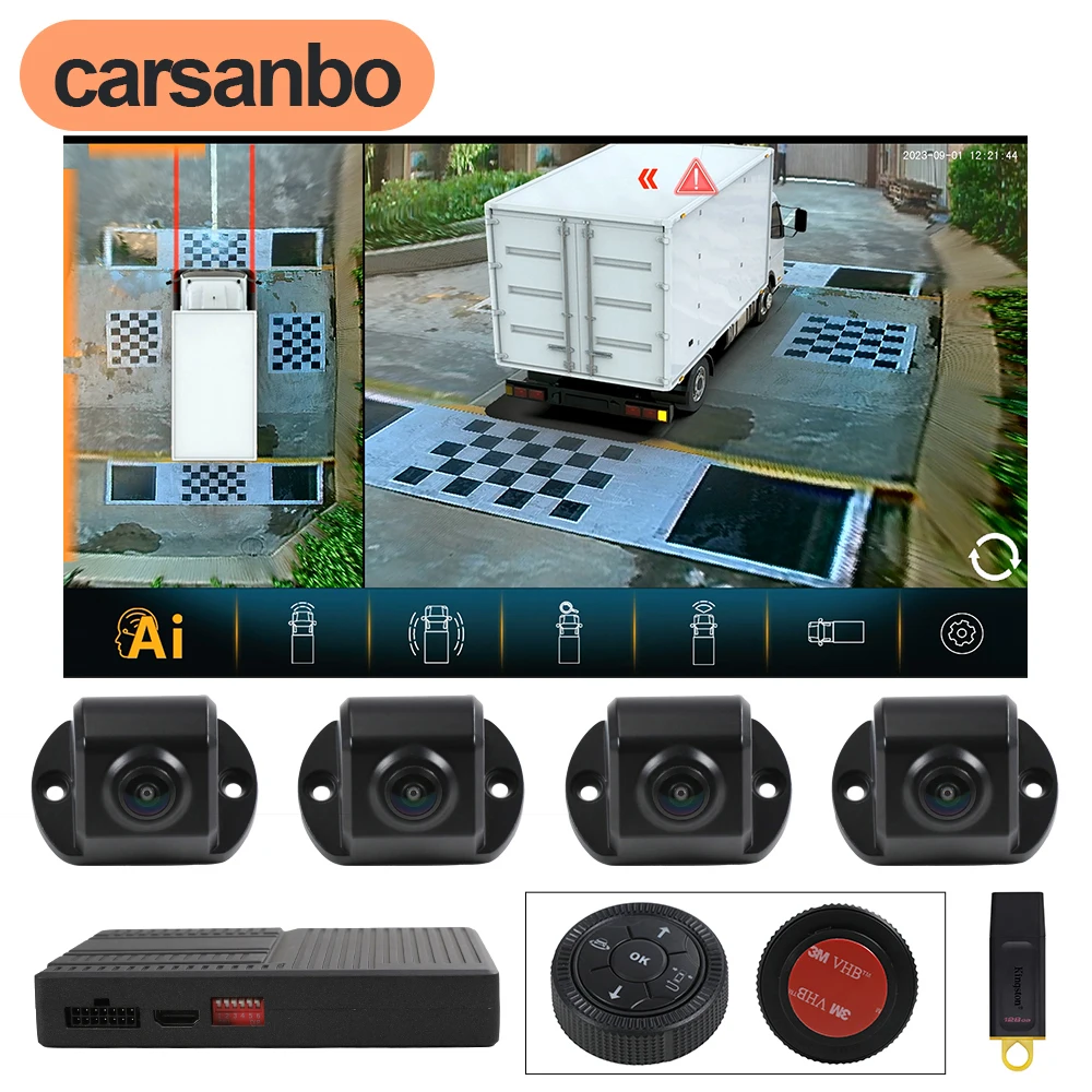 Carsanbo 360° Panoramic System with HD Front/ Rear/ Left/ Right Car Camera Host Knob Controller Calibration Cloth Surround View